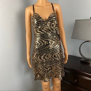 BEBE Sequin Flounce Hem Mini V-Neck Dress, M